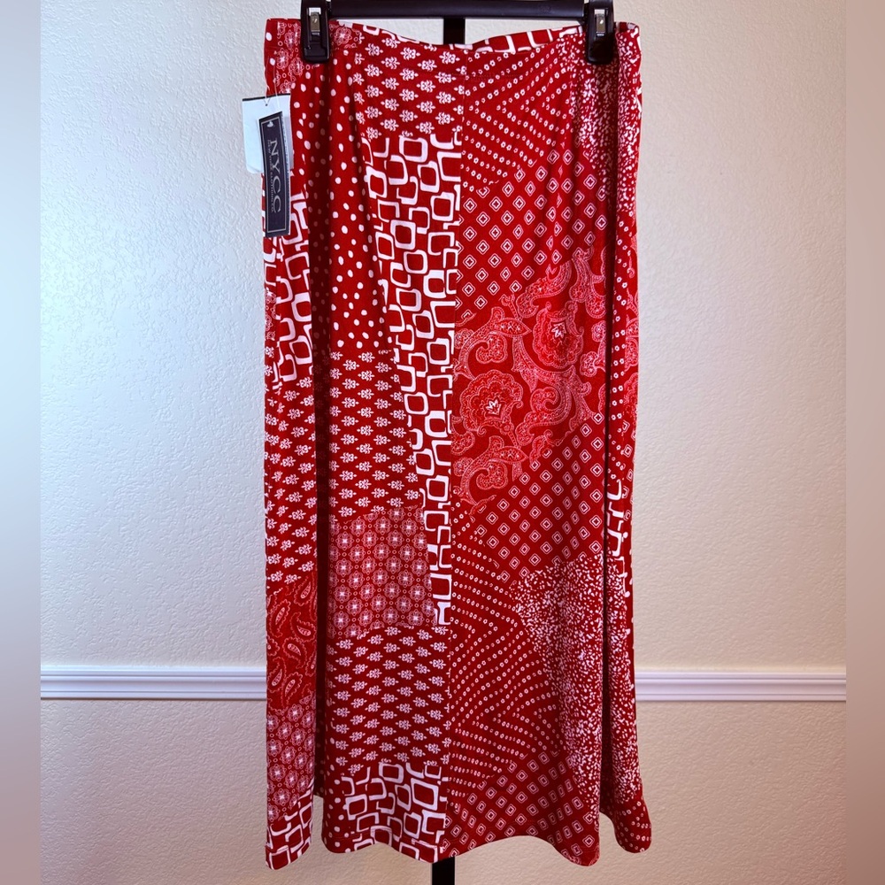 Geometric Patchwork Stretch NYCC Red White Midi Skirt Large Boho Floral Retro - Picture 5 of 5
